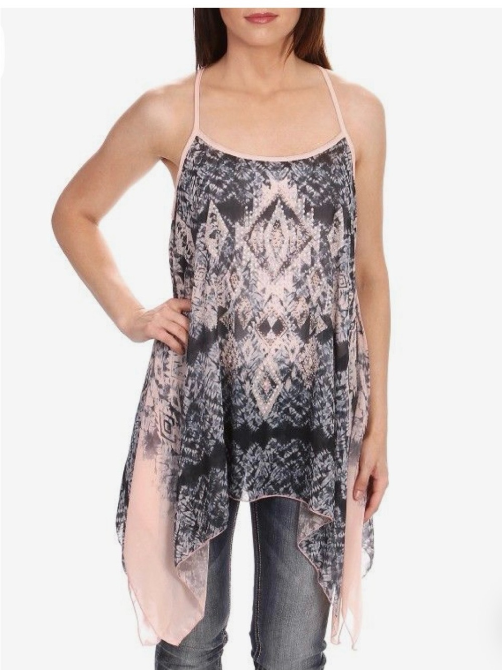 Vocal Beaded Aztec Print Handkerchief Hem Camisole-NWT Size M